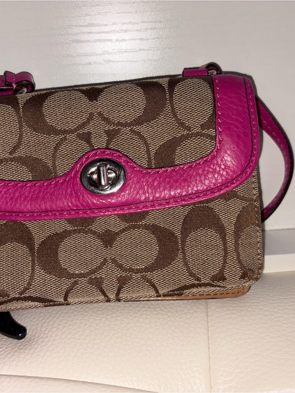 Coach Brown Signature Canvas Crossbody wallet with Pink Leather Trim